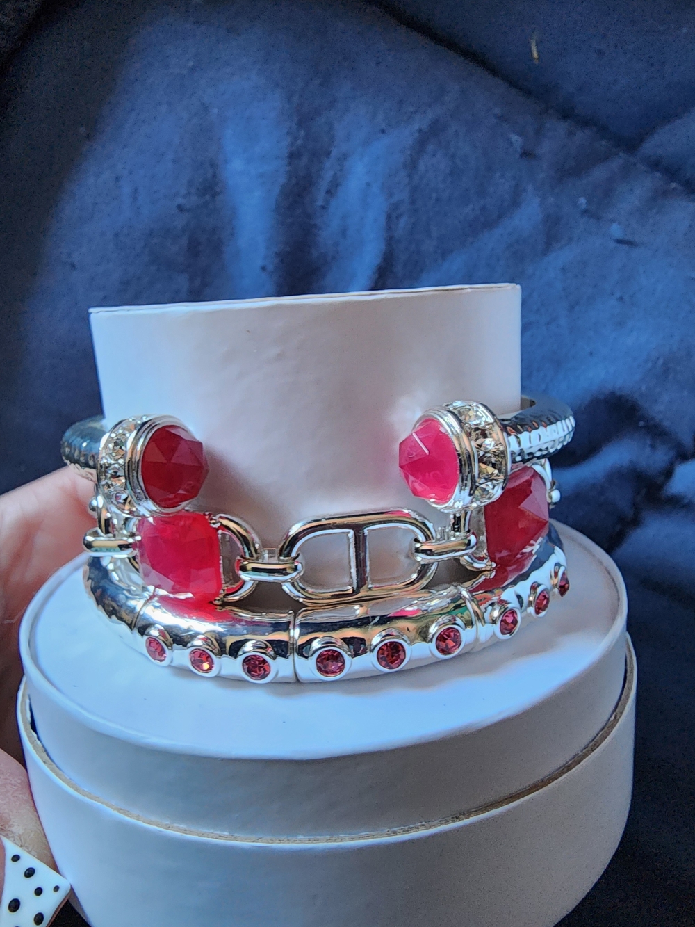 Silver Tone BP Bracelet with Pink Gem Accents